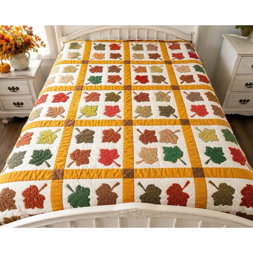 Handmade Fall Autumn Leaf Patchwork Quilt 73x92 Vtg Twin -Queen Throw Rustic